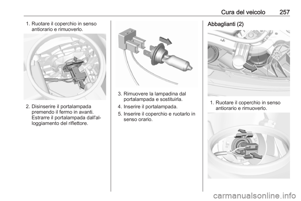 OPEL INSIGNIA BREAK 2020 Manuale di uso e manutenzione (in Italian) Cura del veicolo2571. Ruotare il coperchio in sensoantiorario e rimuoverlo.
2. Disinserire il portalampada premendo il fermo in avanti.
Estrarre il portalampada dall'al‐
loggiamento del rifletto OPEL INSIGNIA BREAK 2020 Manuale di uso e manutenzione (in Italian) Cura del veicolo2571. Ruotare il coperchio in sensoantiorario e rimuoverlo.
2. Disinserire il portalampada premendo il fermo in avanti.
Estrarre il portalampada dall'al‐
loggiamento del rifletto