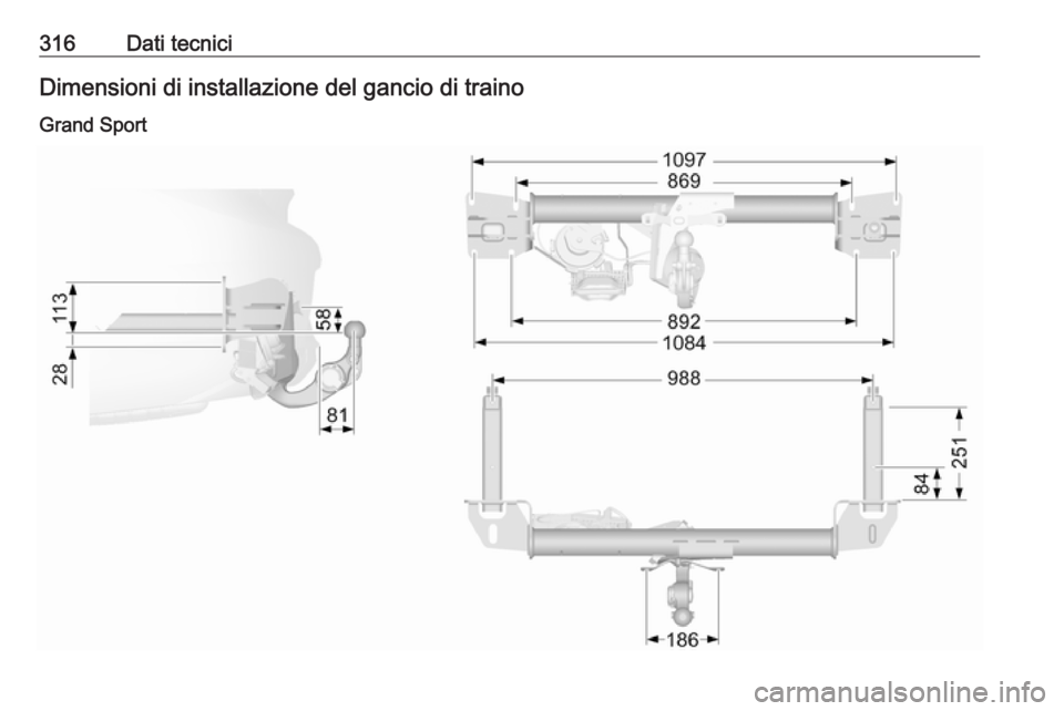 OPEL INSIGNIA BREAK 2020  Manuale di uso e manutenzione (in Italian) 316Dati tecniciDimensioni di installazione del gancio di trainoGrand Sport 