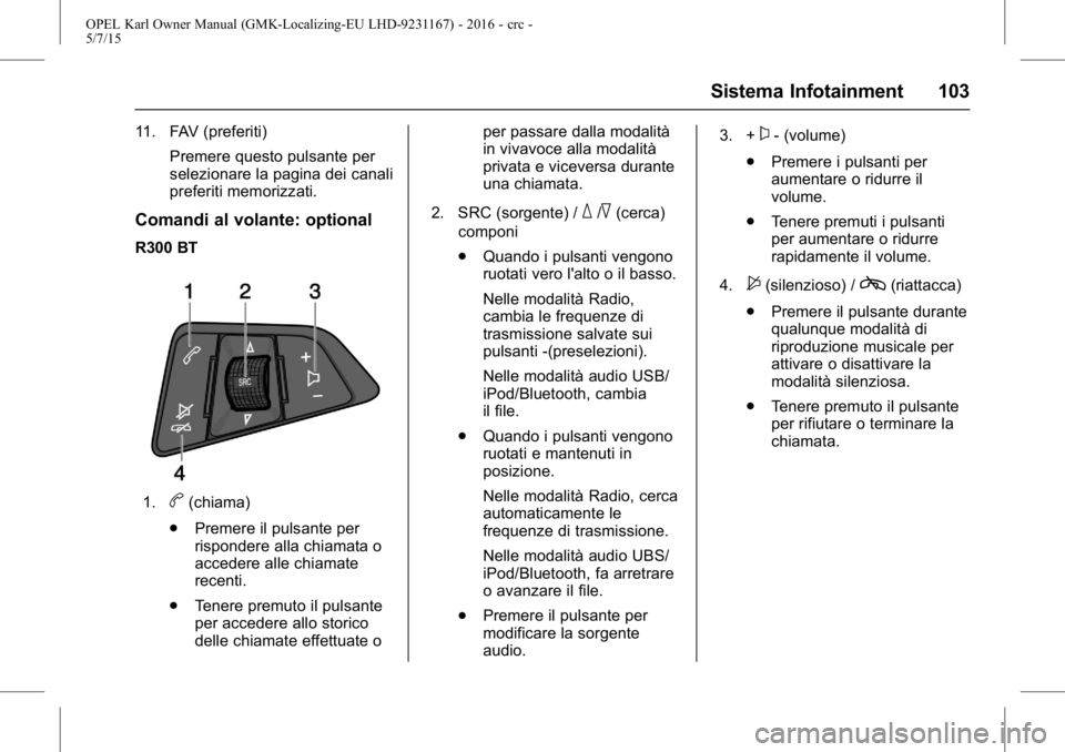 OPEL KARL 2015.75  Manuale di uso e manutenzione (in Italian) OPEL Karl Owner Manual (GMK-Localizing-EU LHD-9231167) - 2016 - crc -
5/7/15
Sistema Infotainment 103
11. FAV (preferiti)Premere questo pulsante per
selezionare la pagina dei canali
preferiti memorizz