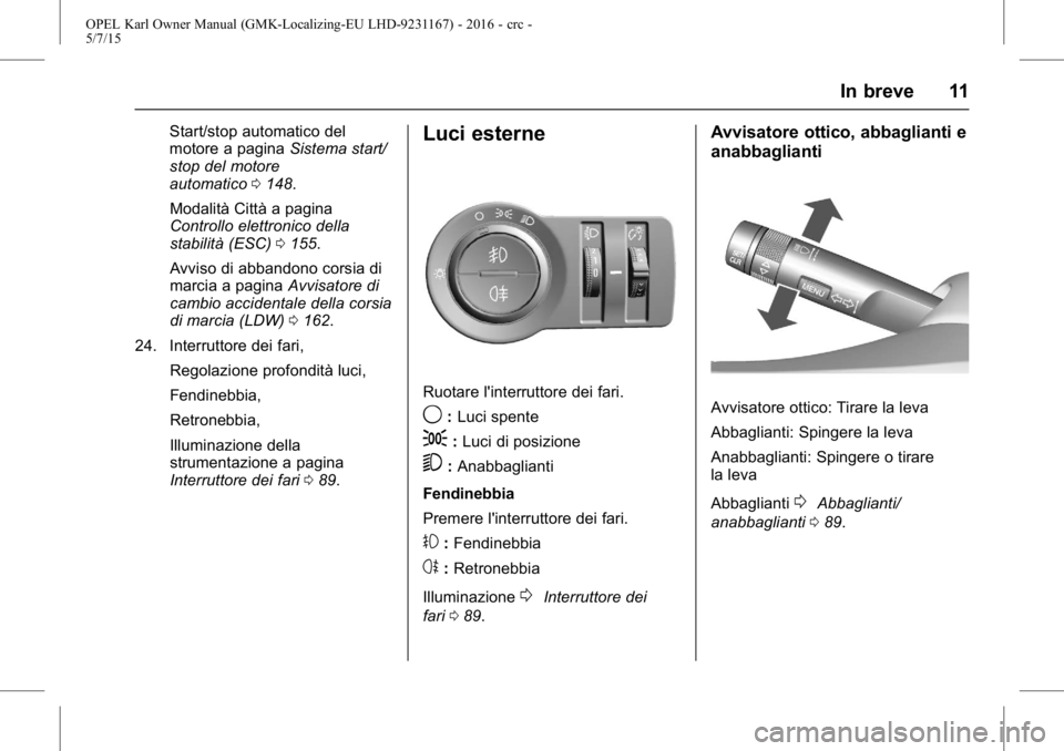 OPEL KARL 2015.75  Manuale di uso e manutenzione (in Italian) OPEL Karl Owner Manual (GMK-Localizing-EU LHD-9231167) - 2016 - crc -
5/7/15
In breve 11
Start/stop automatico del
motore a paginaSistema start/
stop del motore
automatico 0148.
Modalità Città a pag