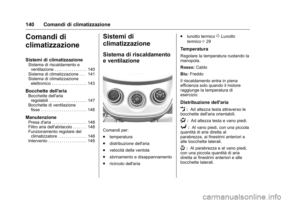 OPEL KARL 2016 Manuale di uso e manutenzione (in Italian) OPEL Karl Owner Manual (GMK-Localizing-EU LHD-9231167) - 2016 -
CRC - 9/9/15
140 Comandi di climatizzazione
Comandi di
climatizzazione
Sistemi di climatizzazione
Sistema di riscaldamento eventilazione OPEL KARL 2016 Manuale di uso e manutenzione (in Italian) OPEL Karl Owner Manual (GMK-Localizing-EU LHD-9231167) - 2016 -
CRC - 9/9/15
140 Comandi di climatizzazione
Comandi di
climatizzazione
Sistemi di climatizzazione
Sistema di riscaldamento eventilazione