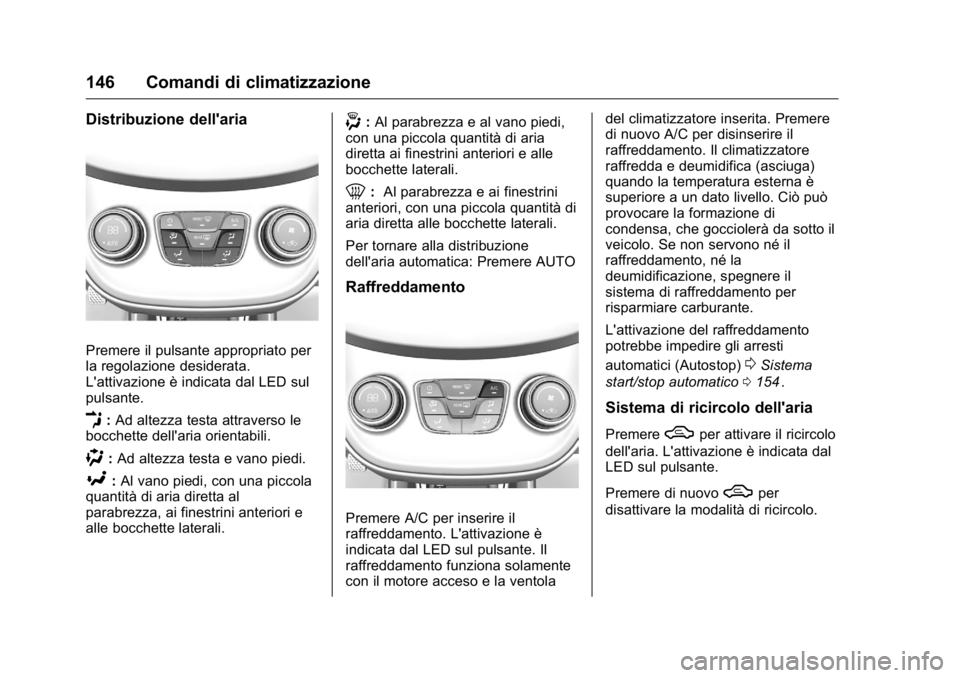 OPEL KARL 2016 Manuale di uso e manutenzione (in Italian) OPEL Karl Owner Manual (GMK-Localizing-EU LHD-9231167) - 2016 -
CRC - 9/9/15
146 Comandi di climatizzazione
Distribuzione dell'aria
Premere il pulsante appropriato per
la regolazione desiderata.
L OPEL KARL 2016 Manuale di uso e manutenzione (in Italian) OPEL Karl Owner Manual (GMK-Localizing-EU LHD-9231167) - 2016 -
CRC - 9/9/15
146 Comandi di climatizzazione
Distribuzione dell'aria
Premere il pulsante appropriato per
la regolazione desiderata.
L