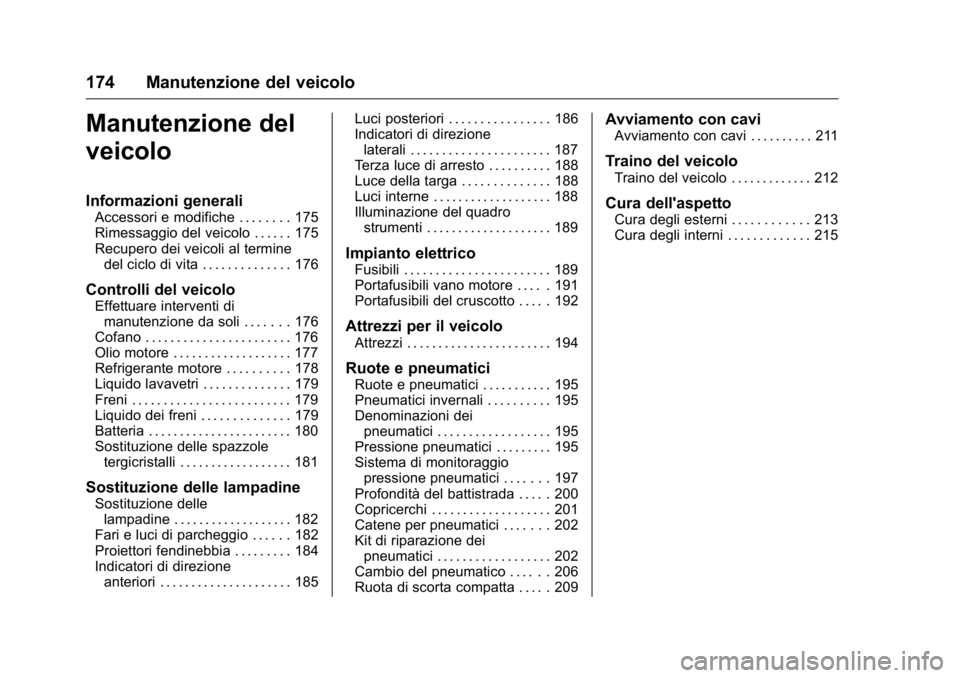 OPEL KARL 2016 Manuale di uso e manutenzione (in Italian) OPEL Karl Owner Manual (GMK-Localizing-EU LHD-9231167) - 2016 -
CRC - 9/9/15
174 Manutenzione del veicolo
Manutenzione del
veicolo
Informazioni generali
Accessori e modifiche . . . . . . . . 175
Rimes OPEL KARL 2016 Manuale di uso e manutenzione (in Italian) OPEL Karl Owner Manual (GMK-Localizing-EU LHD-9231167) - 2016 -
CRC - 9/9/15
174 Manutenzione del veicolo
Manutenzione del
veicolo
Informazioni generali
Accessori e modifiche . . . . . . . . 175
Rimes