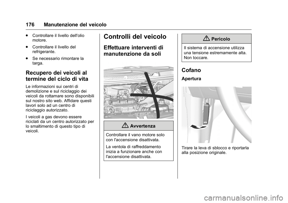 OPEL KARL 2016 Manuale di uso e manutenzione (in Italian) OPEL Karl Owner Manual (GMK-Localizing-EU LHD-9231167) - 2016 -
CRC - 9/9/15
176 Manutenzione del veicolo
.Controllare il livello dell'olio
motore.
. Controllare il livello del
refrigerante.
. Se OPEL KARL 2016 Manuale di uso e manutenzione (in Italian) OPEL Karl Owner Manual (GMK-Localizing-EU LHD-9231167) - 2016 -
CRC - 9/9/15
176 Manutenzione del veicolo
.Controllare il livello dell'olio
motore.
. Controllare il livello del
refrigerante.
. Se