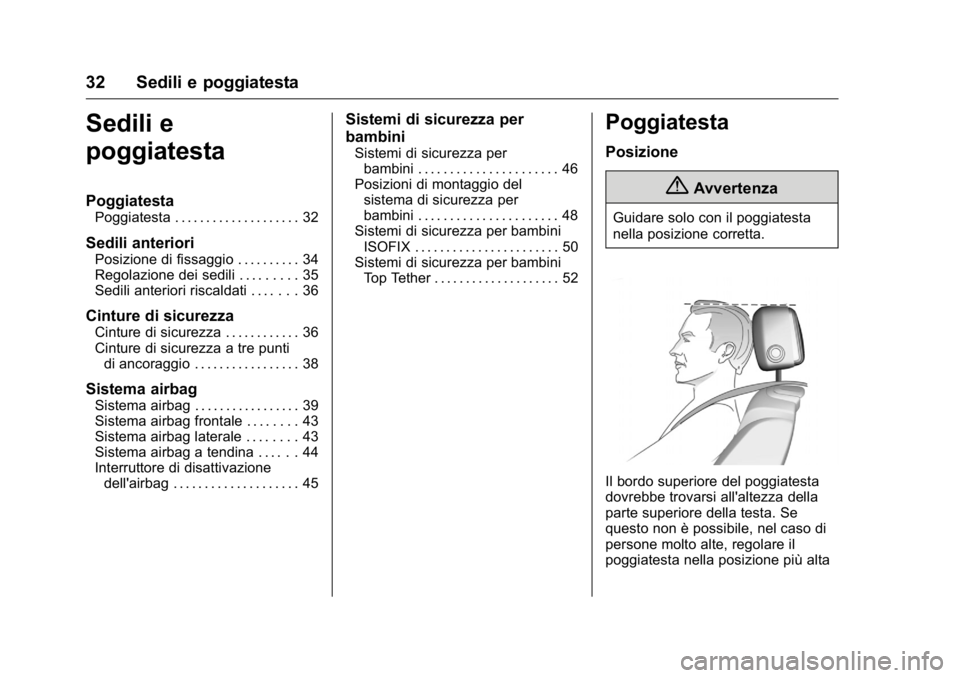 OPEL KARL 2016 Manuale di uso e manutenzione (in Italian) OPEL Karl Owner Manual (GMK-Localizing-EU LHD-9231167) - 2016 -
CRC - 9/9/15
32 Sedili e poggiatesta
Sedili e
poggiatesta
Poggiatesta
Poggiatesta . . . . . . . . . . . . . . . . . . . . 32
Sedili ante OPEL KARL 2016 Manuale di uso e manutenzione (in Italian) OPEL Karl Owner Manual (GMK-Localizing-EU LHD-9231167) - 2016 -
CRC - 9/9/15
32 Sedili e poggiatesta
Sedili e
poggiatesta
Poggiatesta
Poggiatesta . . . . . . . . . . . . . . . . . . . . 32
Sedili ante