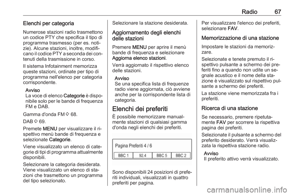 OPEL KARL 2016.5 Manuale del sistema Infotainment (in Italian) Radio67Elenchi per categoriaNumerose stazioni radio trasmettono
un codice PTY che specifica il tipo di programma trasmesso (per es. noti‐
zie). Alcune stazioni, inoltre, modifi‐
cano il codice PTY OPEL KARL 2016.5 Manuale del sistema Infotainment (in Italian) Radio67Elenchi per categoriaNumerose stazioni radio trasmettono
un codice PTY che specifica il tipo di programma trasmesso (per es. noti‐
zie). Alcune stazioni, inoltre, modifi‐
cano il codice PTY