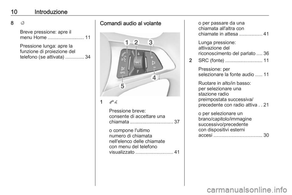 OPEL KARL 2016.5  Manuale del sistema Infotainment (in Italian) 10Introduzione8;
Breve pressione: apre il
menu Home .......................... 11
Pressione lunga: apre la
funzione di proiezione del
telefono (se attivata) .............34Comandi audio al volante
1qw