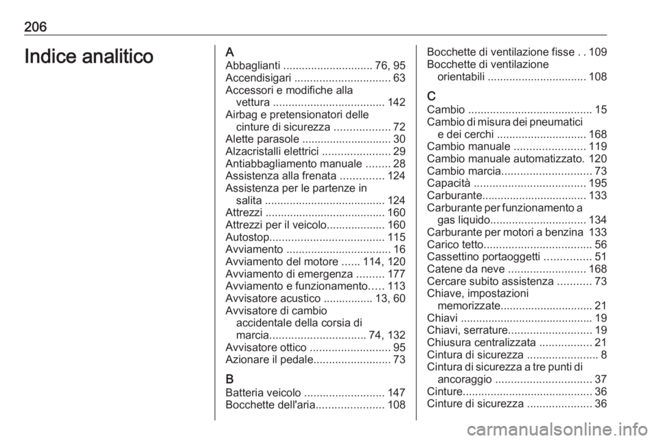 OPEL KARL 2016.5 Manuale di uso e manutenzione (in Italian) 206Indice analiticoAAbbaglianti ............................. 76, 95
Accendisigari ............................... 63
Accessori e modifiche alla vettura .................................... 142
Air OPEL KARL 2016.5 Manuale di uso e manutenzione (in Italian) 206Indice analiticoAAbbaglianti ............................. 76, 95
Accendisigari ............................... 63
Accessori e modifiche alla vettura .................................... 142
Air