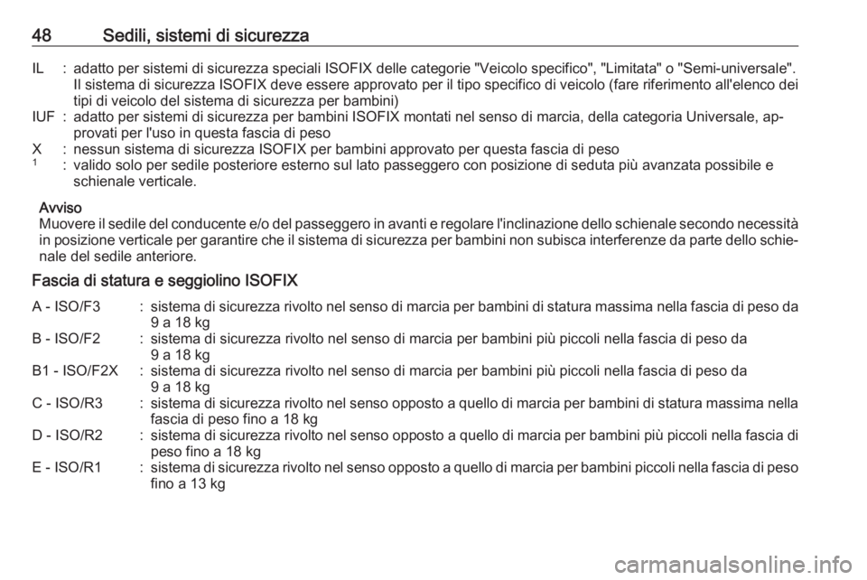 OPEL KARL 2016.5  Manuale di uso e manutenzione (in Italian) 48Sedili, sistemi di sicurezzaIL:adatto per sistemi di sicurezza speciali ISOFIX delle categorie "Veicolo specifico", "Limitata" o "Semi-universale".Il sistema di sicurezza ISO