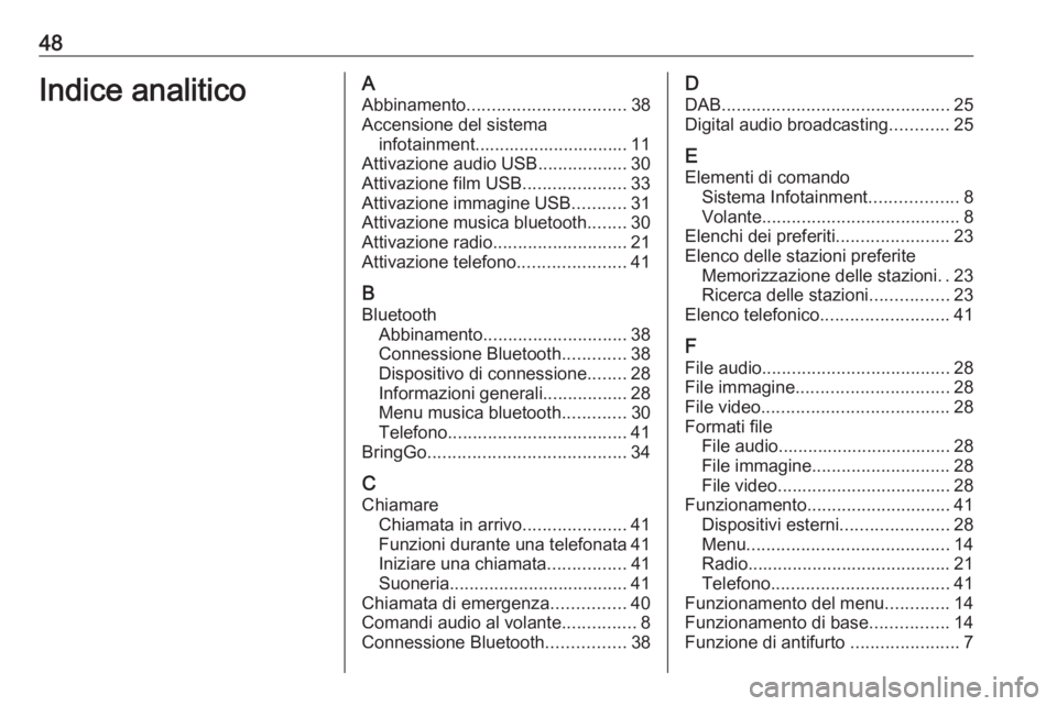 OPEL KARL 2017  Manuale del sistema Infotainment (in Italian) 48Indice analiticoAAbbinamento ................................ 38
Accensione del sistema infotainment............................... 11
Attivazione audio USB ..................30
Attivazione film USB