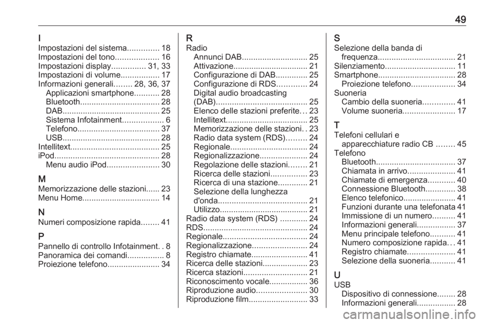 OPEL KARL 2017  Manuale del sistema Infotainment (in Italian) 49I
Impostazioni del sistema ..............18
Impostazioni del tono ...................16
Impostazioni display ...............31, 33
Impostazioni di volume .................17
Informazioni generali ..