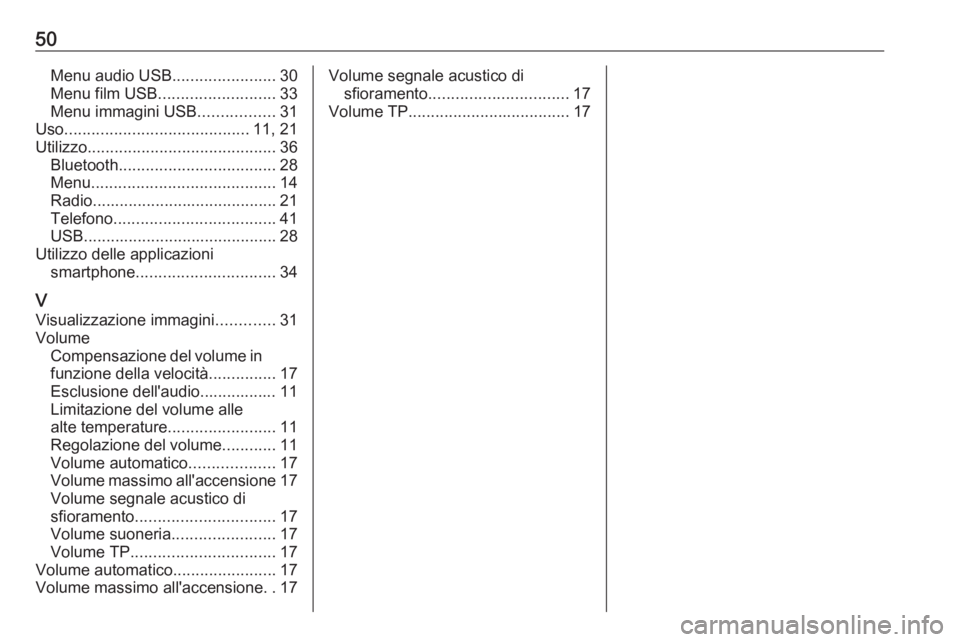 OPEL KARL 2017  Manuale del sistema Infotainment (in Italian) 50Menu audio USB.......................30
Menu film USB .......................... 33
Menu immagini USB .................31
Uso ......................................... 11, 21
Utilizzo ..............
