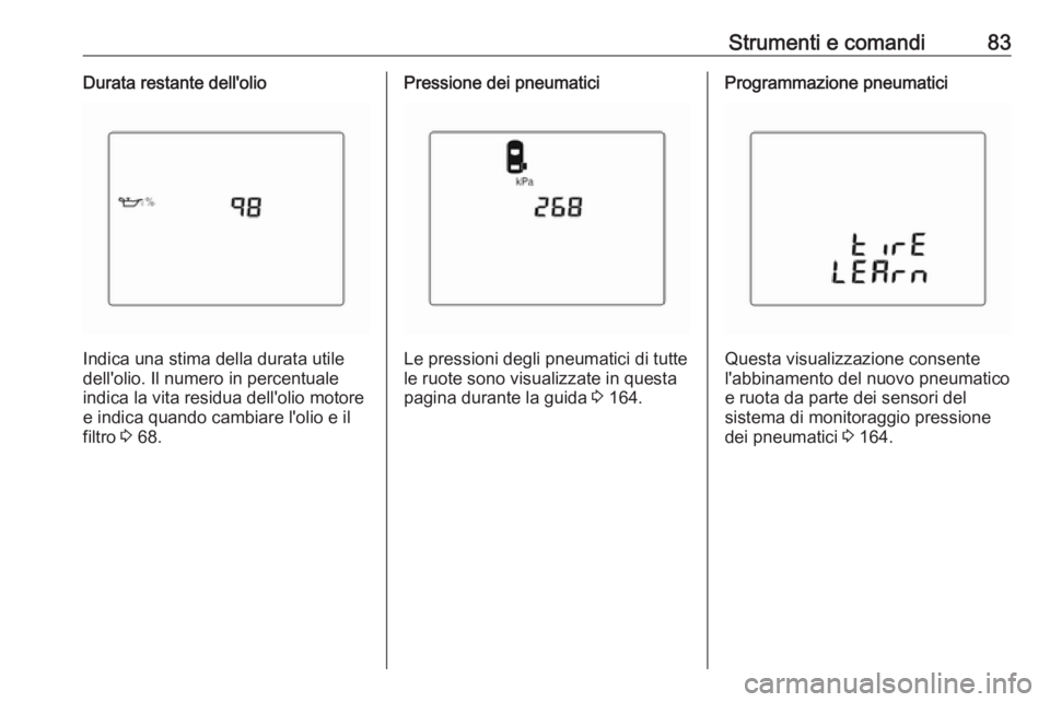 OPEL KARL 2017  Manuale di uso e manutenzione (in Italian) Strumenti e comandi83Durata restante dell'olio
Indica una stima della durata utile
dell'olio. Il numero in percentuale
indica la vita residua dell'olio motore e indica quando cambiare l