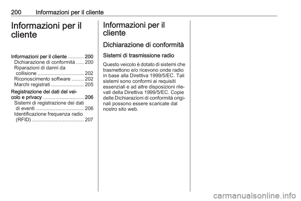 OPEL KARL 2017.5 Manuale di uso e manutenzione (in Italian) 200Informazioni per il clienteInformazioni per il
clienteInformazioni per il cliente ...........200
Dichiarazione di conformità .....200
Riparazioni di danni da collisione ........................... OPEL KARL 2017.5 Manuale di uso e manutenzione (in Italian) 200Informazioni per il clienteInformazioni per il
clienteInformazioni per il cliente ...........200
Dichiarazione di conformità .....200
Riparazioni di danni da collisione ...........................