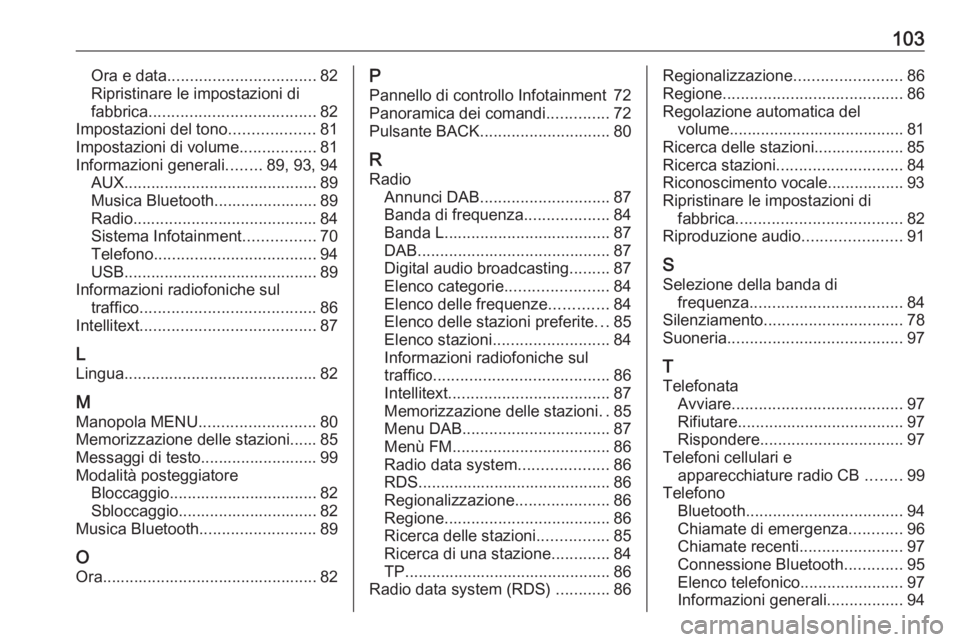 OPEL KARL 2018 Manuale del sistema Infotainment (in Italian) 103Ora e data................................. 82
Ripristinare le impostazioni di
fabbrica ..................................... 82
Impostazioni del tono ...................81
Impostazioni di volume . OPEL KARL 2018 Manuale del sistema Infotainment (in Italian) 103Ora e data................................. 82
Ripristinare le impostazioni di
fabbrica ..................................... 82
Impostazioni del tono ...................81
Impostazioni di volume .