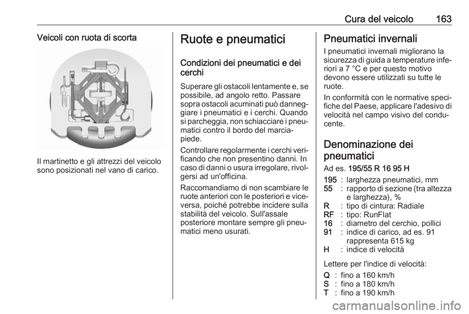 OPEL KARL 2018  Manuale di uso e manutenzione (in Italian) Cura del veicolo163Veicoli con ruota di scorta
Il martinetto e gli attrezzi del veicolo
sono posizionati nel vano di carico.
Ruote e pneumatici
Condizioni dei pneumatici e dei
cerchi
Superare gli osta