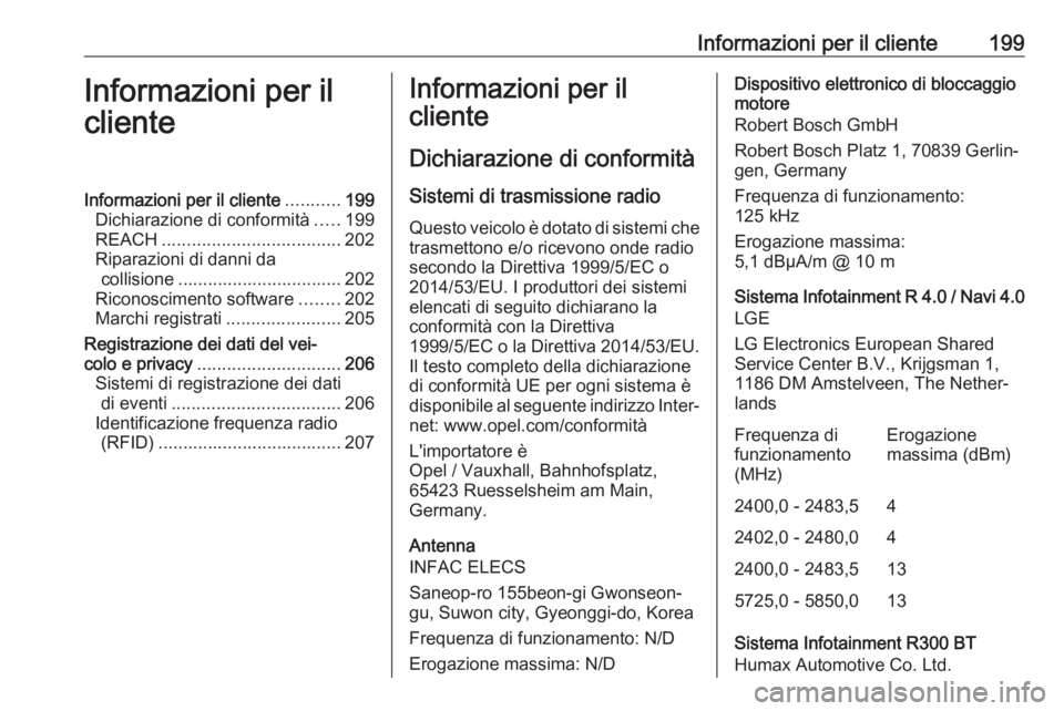 OPEL KARL 2018  Manuale di uso e manutenzione (in Italian) Informazioni per il cliente199Informazioni per il
clienteInformazioni per il cliente ...........199
Dichiarazione di conformità .....199
REACH .................................... 202
Riparazioni di 