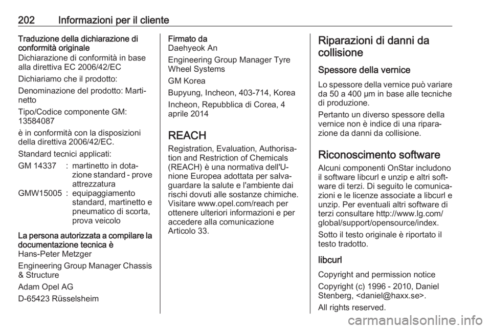 OPEL KARL 2018  Manuale di uso e manutenzione (in Italian) 202Informazioni per il clienteTraduzione della dichiarazione di
conformità originale
Dichiarazione di conformità in base
alla direttiva EC 2006/42/EC
Dichiariamo che il prodotto:
Denominazione del p