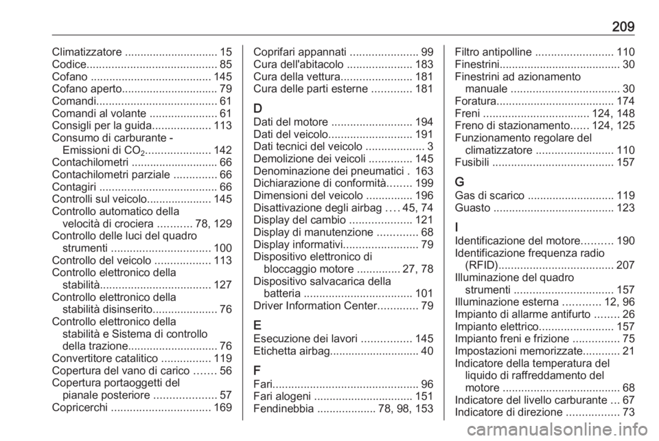 OPEL KARL 2018  Manuale di uso e manutenzione (in Italian) 209Climatizzatore .............................. 15
Codice .......................................... 85
Cofano  ....................................... 145
Cofano aperto .............................