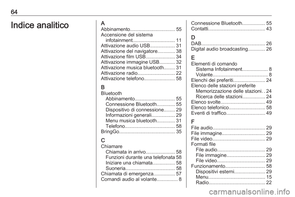 OPEL KARL 2018.5 Manuale del sistema Infotainment (in Italian) 64Indice analiticoAAbbinamento ................................ 55
Accensione del sistema infotainment............................... 11
Attivazione audio USB ..................31
Attivazione del navi OPEL KARL 2018.5 Manuale del sistema Infotainment (in Italian) 64Indice analiticoAAbbinamento ................................ 55
Accensione del sistema infotainment............................... 11
Attivazione audio USB ..................31
Attivazione del navi