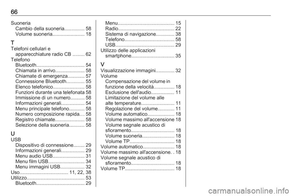OPEL KARL 2018.5 Manuale del sistema Infotainment (in Italian) 66SuoneriaCambio della suoneria ..............58
Volume suoneria .......................18
T
Telefoni cellulari e apparecchiature radio CB ........62
Telefono Bluetooth .............................. OPEL KARL 2018.5 Manuale del sistema Infotainment (in Italian) 66SuoneriaCambio della suoneria ..............58
Volume suoneria .......................18
T
Telefoni cellulari e apparecchiature radio CB ........62
Telefono Bluetooth ..............................