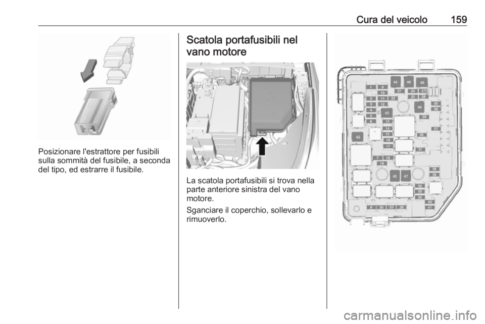 OPEL KARL 2018.5  Manuale di uso e manutenzione (in Italian) Cura del veicolo159
Posizionare l'estrattore per fusibili
sulla sommità del fusibile, a seconda
del tipo, ed estrarre il fusibile.
Scatola portafusibili nel
vano motore
La scatola portafusibili s