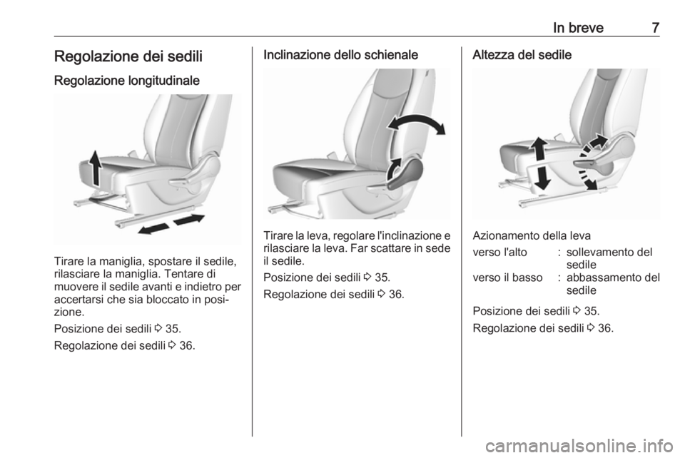 OPEL KARL 2018.5  Manuale di uso e manutenzione (in Italian) In breve7Regolazione dei sediliRegolazione longitudinale
Tirare la maniglia, spostare il sedile,
rilasciare la maniglia. Tentare di
muovere il sedile avanti e indietro per accertarsi che sia bloccato 