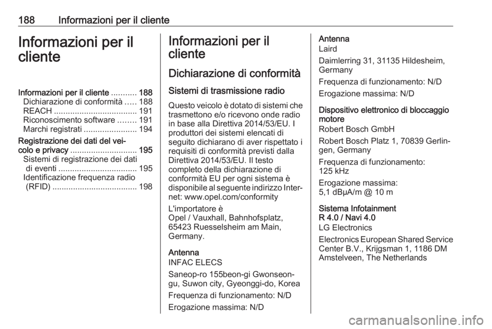 OPEL KARL 2019 Manuale di uso e manutenzione (in Italian) 188Informazioni per il clienteInformazioni per il
clienteInformazioni per il cliente ...........188
Dichiarazione di conformità .....188
REACH .................................... 191
Riconoscimento OPEL KARL 2019 Manuale di uso e manutenzione (in Italian) 188Informazioni per il clienteInformazioni per il
clienteInformazioni per il cliente ...........188
Dichiarazione di conformità .....188
REACH .................................... 191
Riconoscimento
