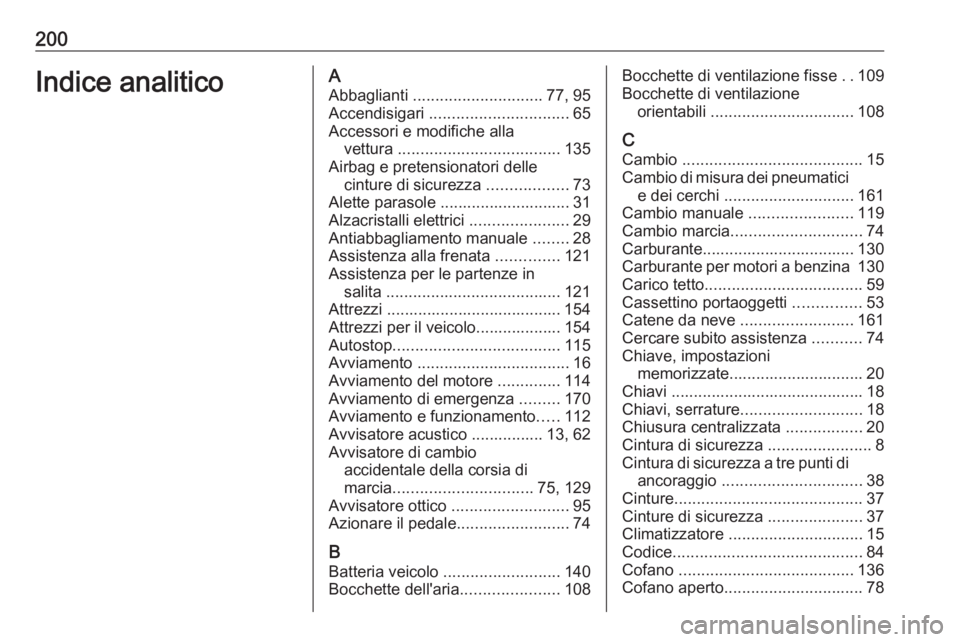 OPEL KARL 2019 Manuale di uso e manutenzione (in Italian) 200Indice analiticoAAbbaglianti ............................. 77, 95
Accendisigari ............................... 65
Accessori e modifiche alla vettura .................................... 135
Air OPEL KARL 2019 Manuale di uso e manutenzione (in Italian) 200Indice analiticoAAbbaglianti ............................. 77, 95
Accendisigari ............................... 65
Accessori e modifiche alla vettura .................................... 135
Air