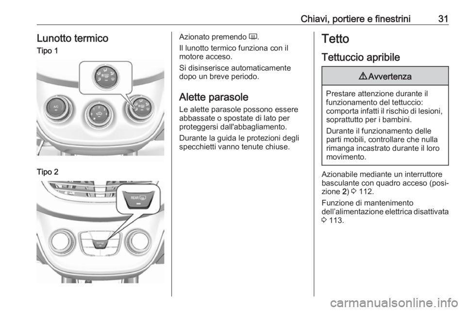 OPEL KARL 2019 Manuale di uso e manutenzione (in Italian) Chiavi, portiere e finestrini31Lunotto termicoTipo 1Tipo 2Azionato premendo Ü.
Il lunotto termico funziona con il
motore acceso.
Si disinserisce automaticamente dopo un breve periodo.
Alette parasole OPEL KARL 2019 Manuale di uso e manutenzione (in Italian) Chiavi, portiere e finestrini31Lunotto termicoTipo 1Tipo 2Azionato premendo Ü.
Il lunotto termico funziona con il
motore acceso.
Si disinserisce automaticamente dopo un breve periodo.
Alette parasole