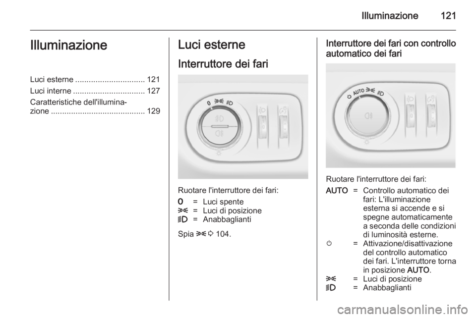 OPEL MERIVA 2014.5 Manuale di uso e manutenzione (in Italian) Illuminazione121IlluminazioneLuci esterne............................... 121
Luci interne ................................ 127
Caratteristiche dell'illumina‐ zione .............................. OPEL MERIVA 2014.5 Manuale di uso e manutenzione (in Italian) Illuminazione121IlluminazioneLuci esterne............................... 121
Luci interne ................................ 127
Caratteristiche dell'illumina‐ zione ..............................