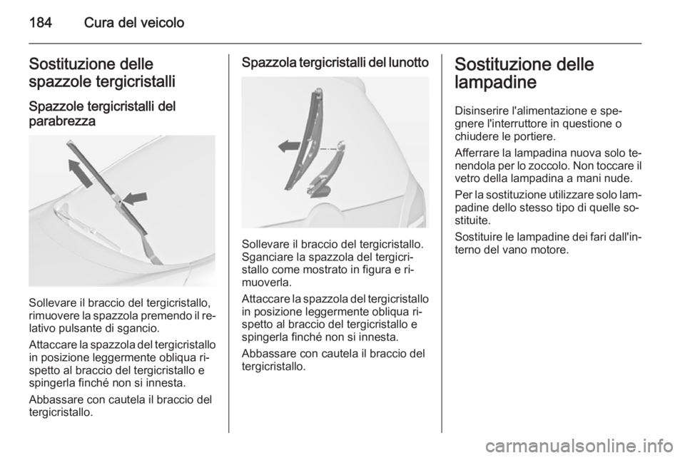 OPEL MERIVA 2014.5 Manuale di uso e manutenzione (in Italian) 184Cura del veicoloSostituzione delle
spazzole tergicristalli
Spazzole tergicristalli del
parabrezza
Sollevare il braccio del tergicristallo,
rimuovere la spazzola premendo il re‐ lativo pulsante di OPEL MERIVA 2014.5 Manuale di uso e manutenzione (in Italian) 184Cura del veicoloSostituzione delle
spazzole tergicristalli
Spazzole tergicristalli del
parabrezza
Sollevare il braccio del tergicristallo,
rimuovere la spazzola premendo il re‐ lativo pulsante di