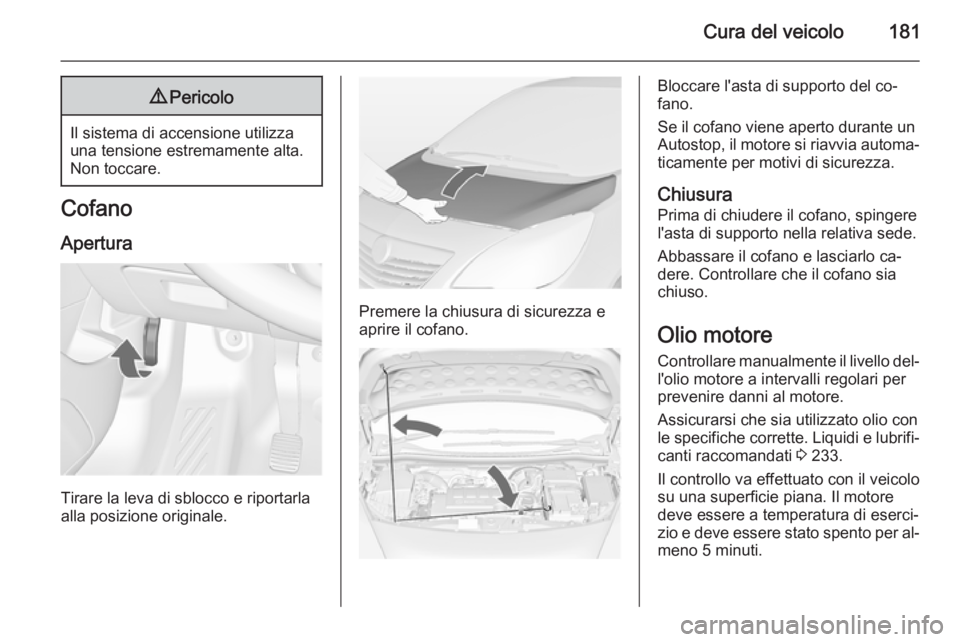 OPEL MERIVA 2015 Manuale di uso e manutenzione (in Italian) Cura del veicolo1819Pericolo
Il sistema di accensione utilizza
una tensione estremamente alta.
Non toccare.
Cofano
Apertura
Tirare la leva di sblocco e riportarla
alla posizione originale.
Premere la OPEL MERIVA 2015 Manuale di uso e manutenzione (in Italian) Cura del veicolo1819Pericolo
Il sistema di accensione utilizza
una tensione estremamente alta.
Non toccare.
Cofano
Apertura
Tirare la leva di sblocco e riportarla
alla posizione originale.
Premere la