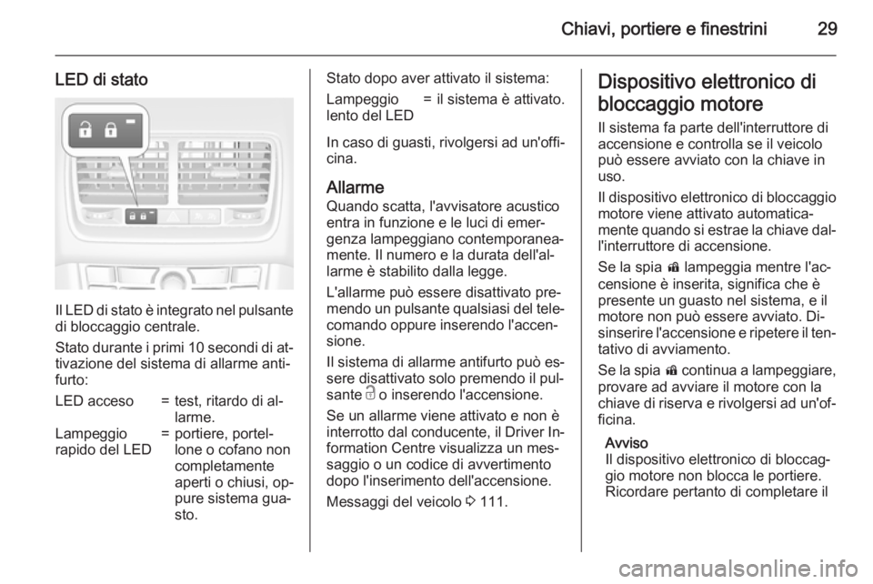OPEL MERIVA 2015  Manuale di uso e manutenzione (in Italian) Chiavi, portiere e finestrini29
LED di stato
Il LED di stato è integrato nel pulsante
di bloccaggio centrale.
Stato durante i primi 10 secondi di at‐ tivazione del sistema di allarme anti‐
furto: