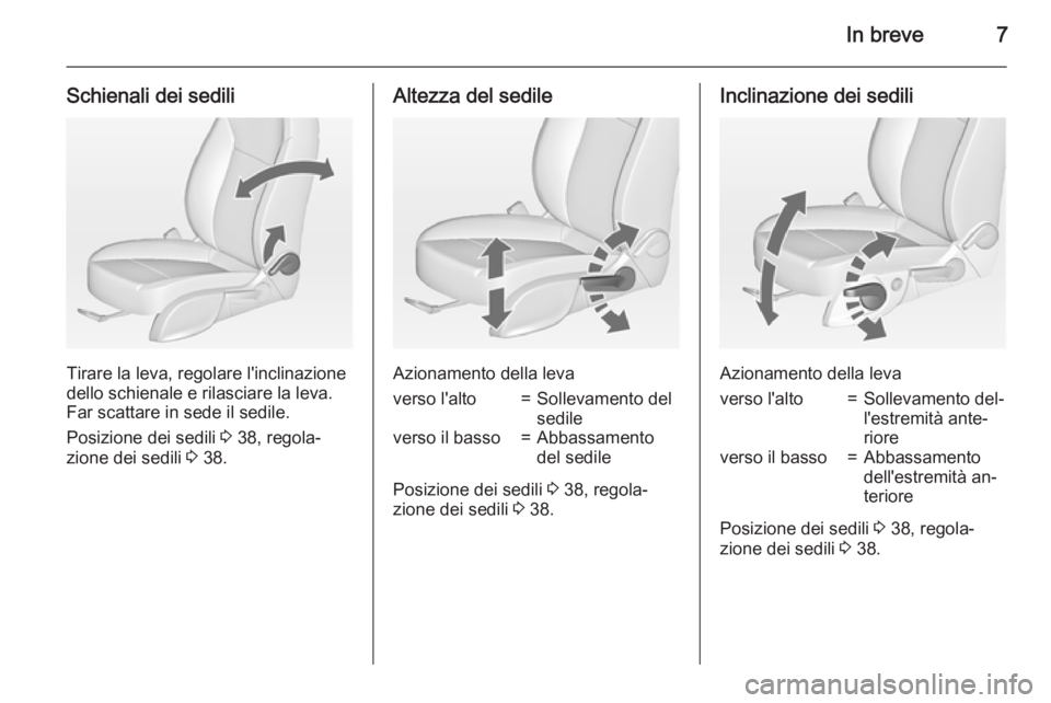 OPEL MERIVA 2015  Manuale di uso e manutenzione (in Italian) In breve7
Schienali dei sedili
Tirare la leva, regolare l'inclinazione
dello schienale e rilasciare la leva.
Far scattare in sede il sedile.
Posizione dei sedili  3 38, regola‐
zione dei sedili 