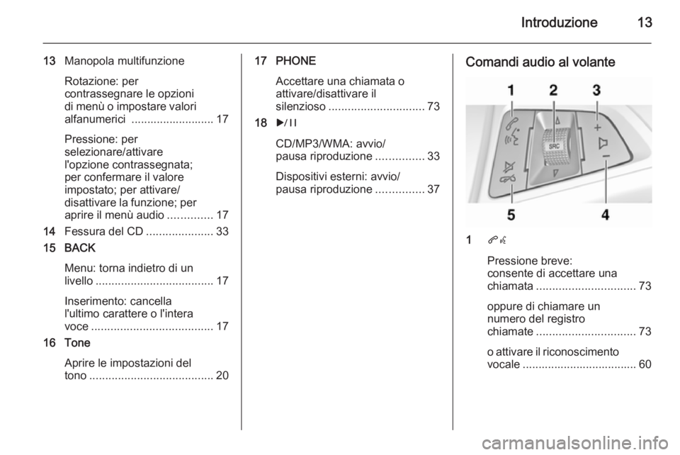 OPEL MERIVA 2015.5 Manuale del sistema Infotainment (in Italian) Introduzione13
13Manopola multifunzione
Rotazione: per
contrassegnare le opzioni
di menù o impostare valori
alfanumerici .......................... 17
Pressione: per
selezionare/attivare
l'opzio OPEL MERIVA 2015.5 Manuale del sistema Infotainment (in Italian) Introduzione13
13Manopola multifunzione
Rotazione: per
contrassegnare le opzioni
di menù o impostare valori
alfanumerici .......................... 17
Pressione: per
selezionare/attivare
l'opzio