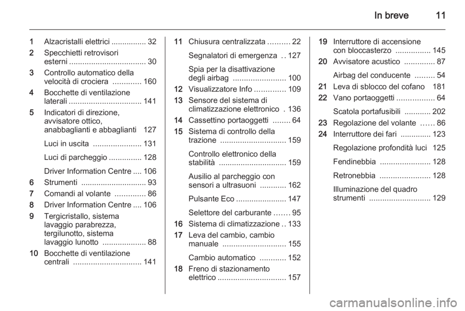 OPEL MERIVA 2015.5  Manuale di uso e manutenzione (in Italian) In breve11
1Alzacristalli elettrici ................ 32
2 Specchietti retrovisori
esterni ................................... 30
3 Controllo automatico della
velocità di crociera  .............160
4 