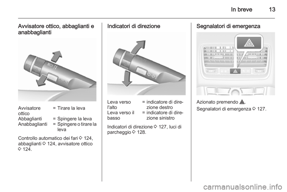 OPEL MERIVA 2015.5  Manuale di uso e manutenzione (in Italian) In breve13
Avvisatore ottico, abbaglianti eanabbagliantiAvvisatore
ottico=Tirare la levaAbbaglianti=Spingere la levaAnabbaglianti=Spingere o tirare la
leva
Controllo automatico dei fari  3 124,
abbagl