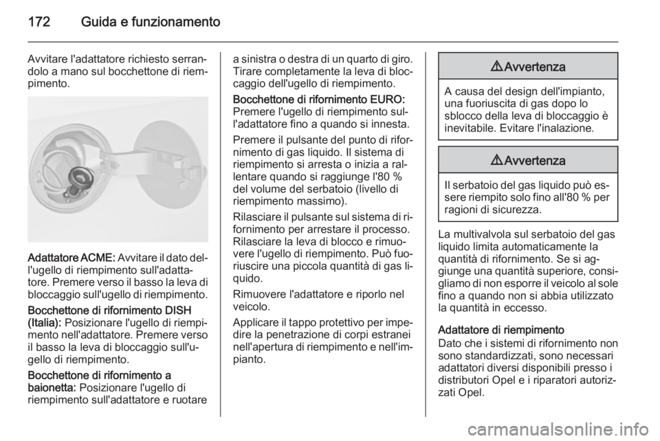 OPEL MERIVA 2015.5  Manuale di uso e manutenzione (in Italian) 172Guida e funzionamento
Avvitare l'adattatore richiesto serran‐
dolo a mano sul bocchettone di riem‐
pimento.
Adattatore ACME:  Avvitare il dato del‐
l'ugello di riempimento sull'ad