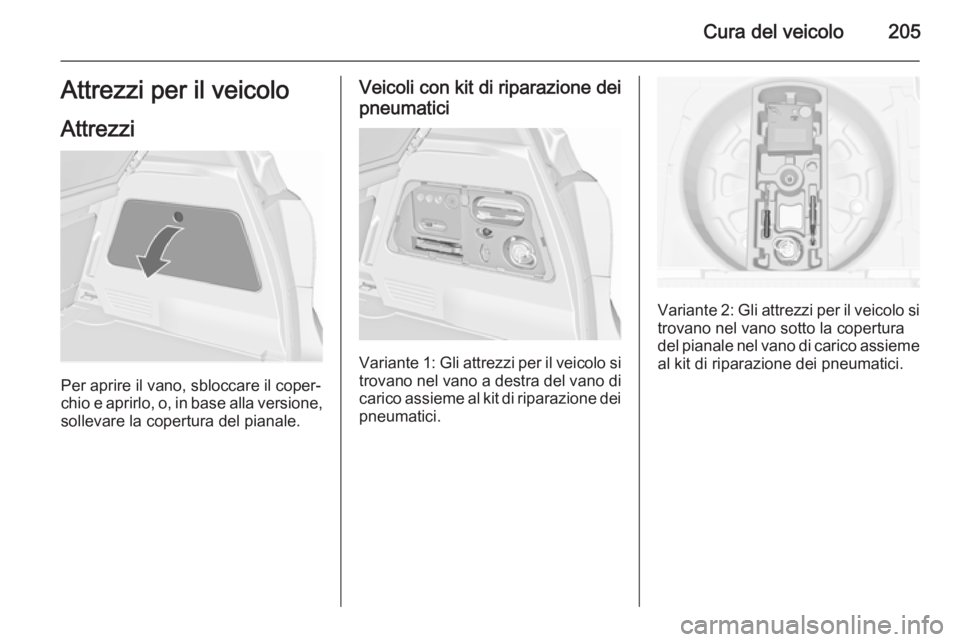 OPEL MERIVA 2015.5 Manuale di uso e manutenzione (in Italian) Cura del veicolo205Attrezzi per il veicolo
Attrezzi
Per aprire il vano, sbloccare il coper‐
chio e aprirlo, o, in base alla versione,
sollevare la copertura del pianale.
Veicoli con kit di riparazio OPEL MERIVA 2015.5 Manuale di uso e manutenzione (in Italian) Cura del veicolo205Attrezzi per il veicolo
Attrezzi
Per aprire il vano, sbloccare il coper‐
chio e aprirlo, o, in base alla versione,
sollevare la copertura del pianale.
Veicoli con kit di riparazio
