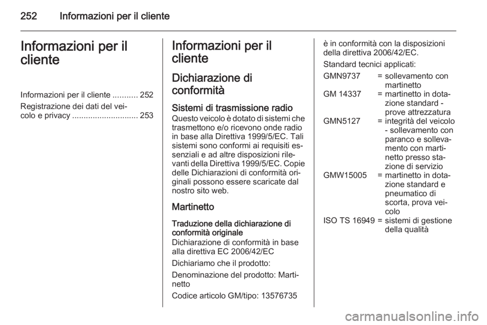 OPEL MERIVA 2015.5 Manuale di uso e manutenzione (in Italian) 252Informazioni per il clienteInformazioni per il
clienteInformazioni per il cliente ...........252
Registrazione dei dati del vei‐
colo e privacy ............................. 253Informazioni per i OPEL MERIVA 2015.5 Manuale di uso e manutenzione (in Italian) 252Informazioni per il clienteInformazioni per il
clienteInformazioni per il cliente ...........252
Registrazione dei dati del vei‐
colo e privacy ............................. 253Informazioni per i