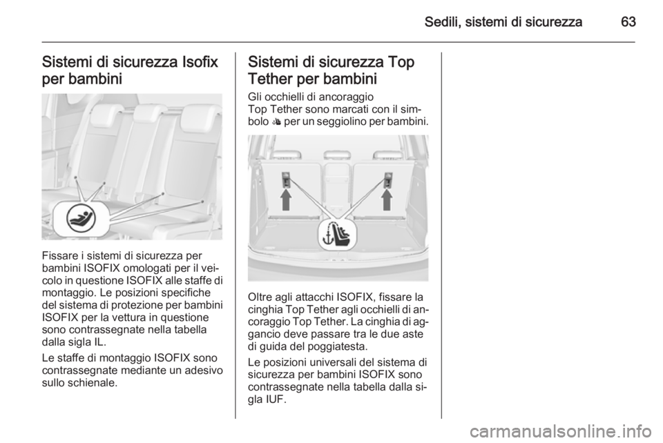 OPEL MERIVA 2015.5  Manuale di uso e manutenzione (in Italian) Sedili, sistemi di sicurezza63Sistemi di sicurezza Isofix
per bambini
Fissare i sistemi di sicurezza per
bambini ISOFIX omologati per il vei‐ colo in questione  ISOFIX alle staffe di
montaggio. Le p