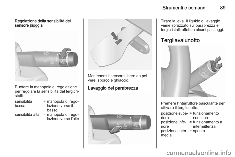 OPEL MERIVA 2015.5  Manuale di uso e manutenzione (in Italian) Strumenti e comandi89
Regolazione della sensibilità del
sensore pioggia
Ruotare la manopola di regolazione
per regolare la sensibilità del tergicri‐ stalli:
sensibilità
bassa=manopola di rego‐
