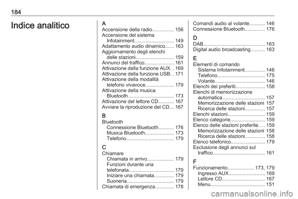 OPEL MERIVA 2016  Manuale del sistema Infotainment (in Italian) 184Indice analiticoAAccensione della radio ...............156
Accensione del sistema Infotainment ............................ 149
Adattamento audio dinamico ......163
Aggiornamento degli elenchi dell