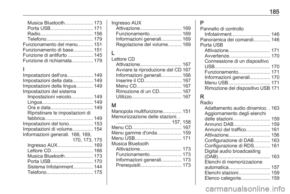 OPEL MERIVA 2016  Manuale del sistema Infotainment (in Italian) 185Musica Bluetooth....................173
Porta USB ............................... 171
Radio ....................................... 156
Telefono .................................. 179
Funzionamento