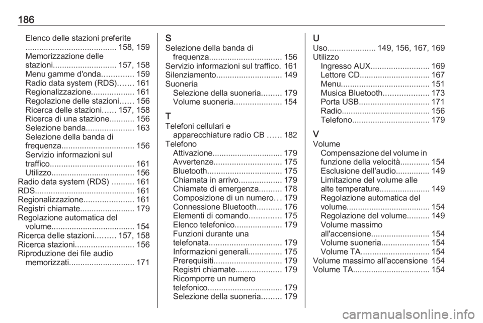 OPEL MERIVA 2016  Manuale del sistema Infotainment (in Italian) 186Elenco delle stazioni preferite
........................................ 158, 159
Memorizzazione delle
stazioni ............................ 157, 158
Menu gamme d'onda ..............159
Radio d