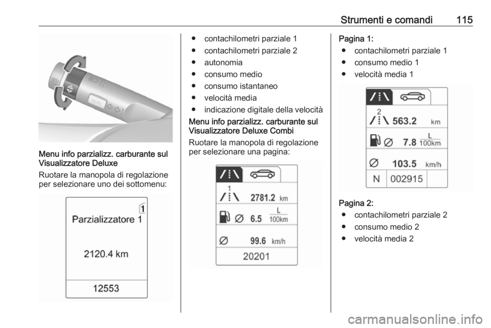 OPEL MERIVA 2016 Manuale di uso e manutenzione (in Italian) Strumenti e comandi115
Menu info parzializz. carburante sul
Visualizzatore Deluxe
Ruotare la manopola di regolazione
per selezionare uno dei sottomenu:
● contachilometri parziale 1
● contachilomet OPEL MERIVA 2016 Manuale di uso e manutenzione (in Italian) Strumenti e comandi115
Menu info parzializz. carburante sul
Visualizzatore Deluxe
Ruotare la manopola di regolazione
per selezionare uno dei sottomenu:
● contachilometri parziale 1
● contachilomet