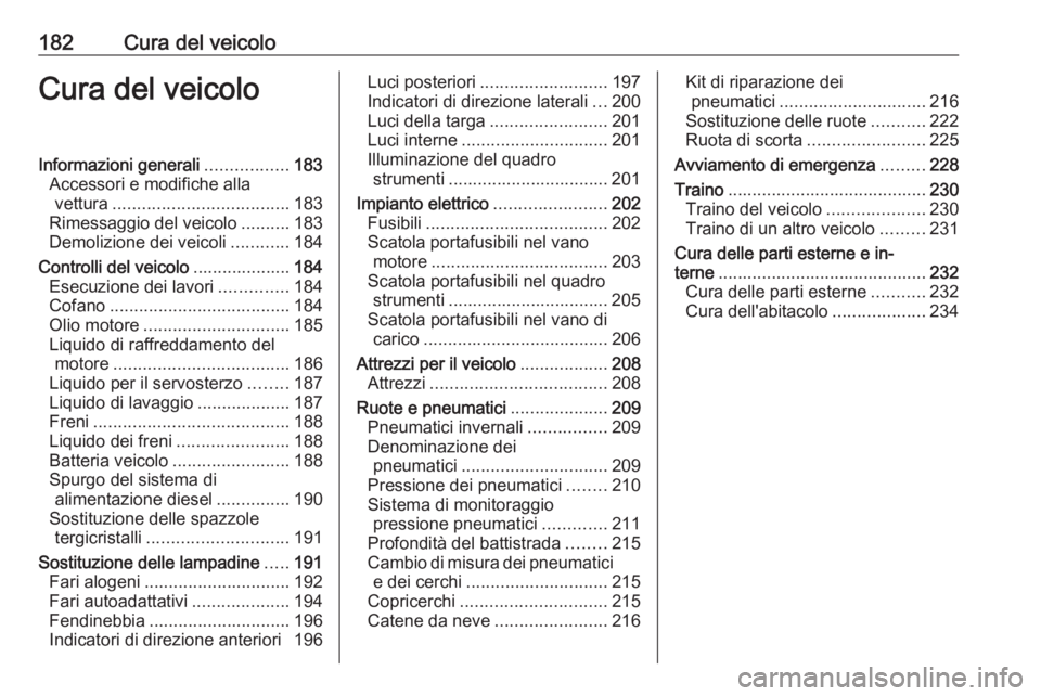OPEL MERIVA 2016 Manuale di uso e manutenzione (in Italian) 182Cura del veicoloCura del veicoloInformazioni generali.................183
Accessori e modifiche alla vettura .................................... 183
Rimessaggio del veicolo ..........183
Demolizio OPEL MERIVA 2016 Manuale di uso e manutenzione (in Italian) 182Cura del veicoloCura del veicoloInformazioni generali.................183
Accessori e modifiche alla vettura .................................... 183
Rimessaggio del veicolo ..........183
Demolizio