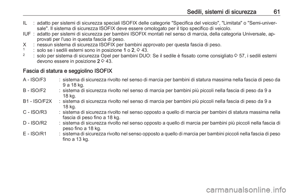 OPEL MERIVA 2016  Manuale di uso e manutenzione (in Italian) Sedili, sistemi di sicurezza61IL:adatto per sistemi di sicurezza speciali ISOFIX delle categorie "Specifica del veicolo", "Limitata" o "Semi-univer‐sale". Il sistema di sicur