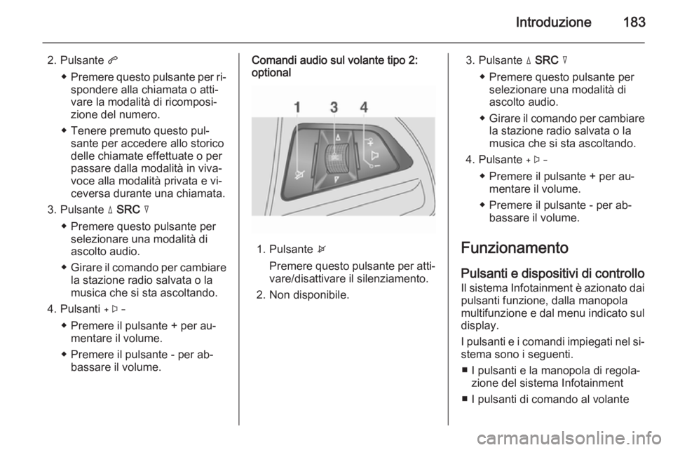 OPEL MOKKA 2014 Manuale del sistema Infotainment (in Italian) Introduzione183
2. Pulsante q
◆ Premere questo pulsante per ri‐
spondere alla chiamata o atti‐
vare la modalità di ricomposi‐
zione del numero.
◆ Tenere premuto questo pul‐ sante per acce OPEL MOKKA 2014 Manuale del sistema Infotainment (in Italian) Introduzione183
2. Pulsante q
◆ Premere questo pulsante per ri‐
spondere alla chiamata o atti‐
vare la modalità di ricomposi‐
zione del numero.
◆ Tenere premuto questo pul‐ sante per acce